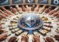 Varias manos entregando dinero con una moneda de Ethereum en el medio de una mesa.