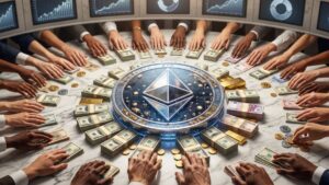 Varias manos entregando dinero con una moneda de Ethereum en el medio de una mesa.