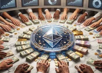 Varias manos entregando dinero con una moneda de Ethereum en el medio de una mesa.