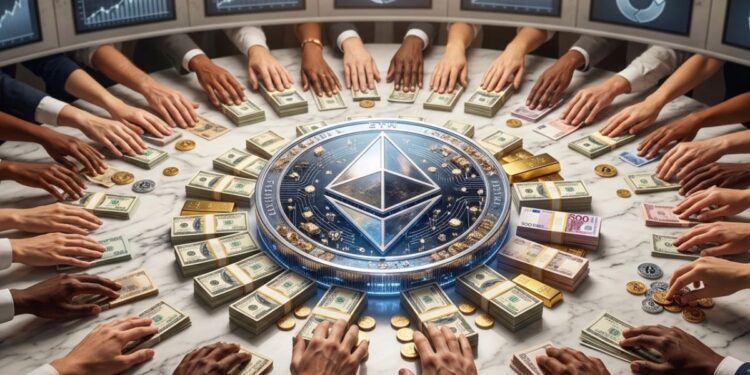 Varias manos entregando dinero con una moneda de Ethereum en el medio de una mesa.