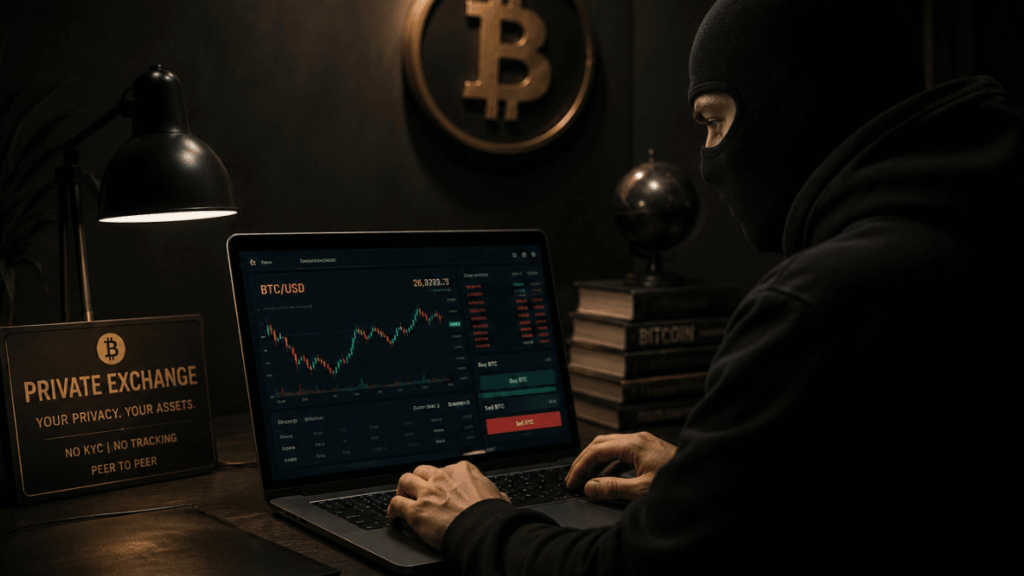 Persona enmascarada usando un exchange de bitcoin en un ambiente oscuro.