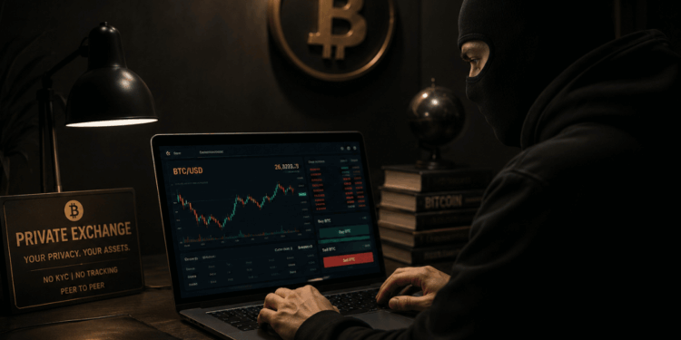 Persona enmascarada usando un exchange de bitcoin en un ambiente oscuro.