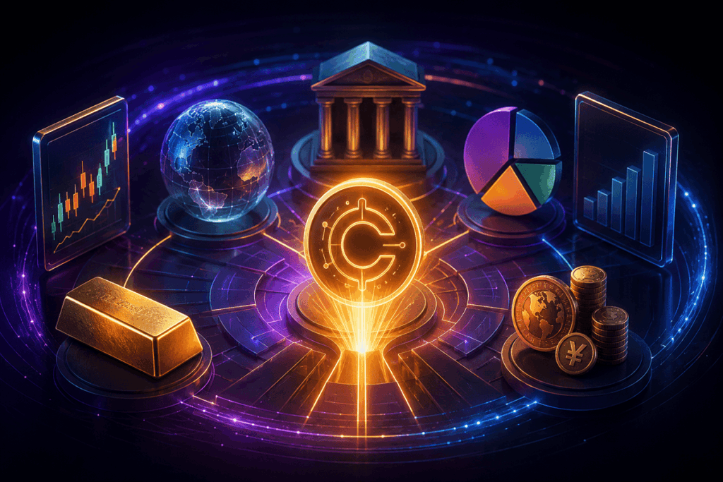 Ilustración digital de un ecosistema financiero donde un activo digital luminoso aparece en el centro, rodeado de gráficos, un lingote de oro, monedas, un edificio financiero