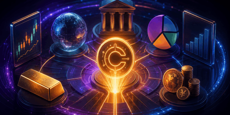 Ilustración digital de un ecosistema financiero donde un activo digital luminoso aparece en el centro, rodeado de gráficos, un lingote de oro, monedas, un edificio financiero