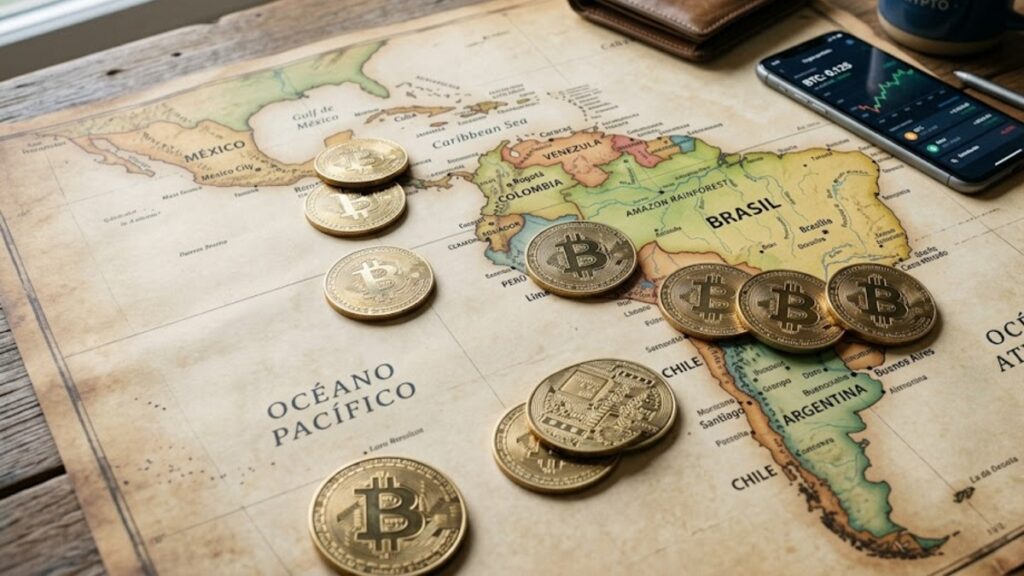Monedas físicas de bitcoin doradas sobre un mapa de América Latina.