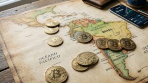 Monedas físicas de bitcoin doradas sobre un mapa de América Latina.