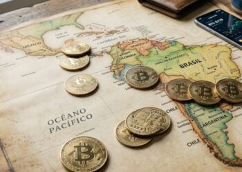 Monedas físicas de bitcoin doradas sobre un mapa de América Latina.