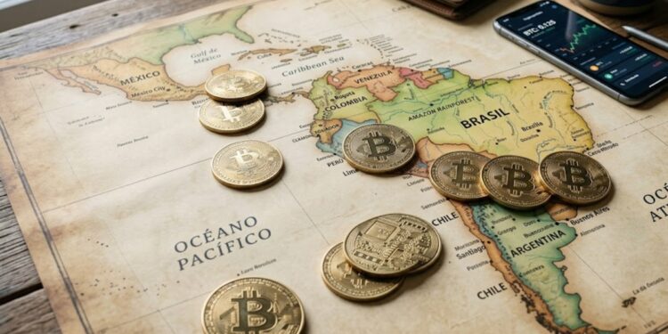 Monedas físicas de bitcoin doradas sobre un mapa de América Latina.