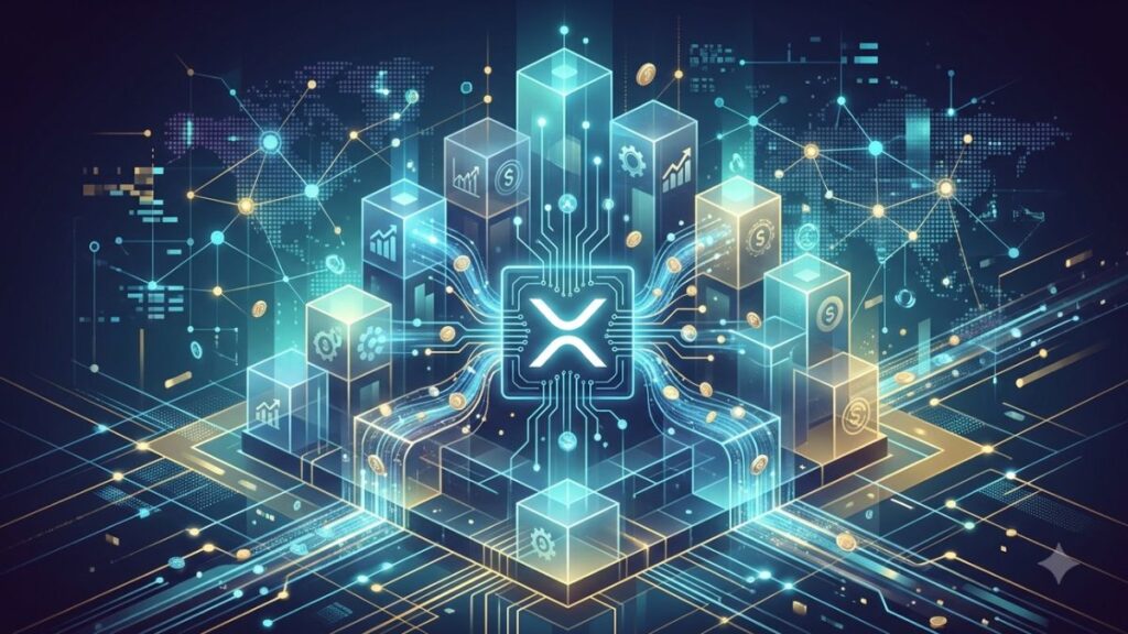 Fondo de inversión tokenizado representado como un nodo digital iluminado sobre la red de XRP Ledger.