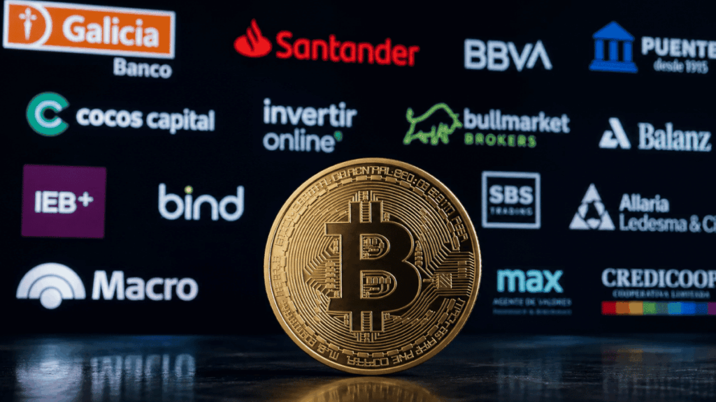 Primer plano: moneda física de bitcoin. Fondo: logos de diversos bancos y entidades financieras de Argentina.