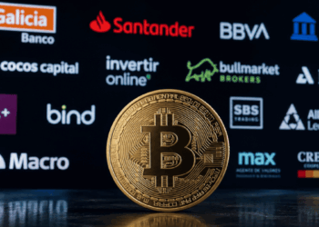 Primer plano: moneda física de bitcoin. Fondo: logos de diversos bancos y entidades financieras de Argentina.