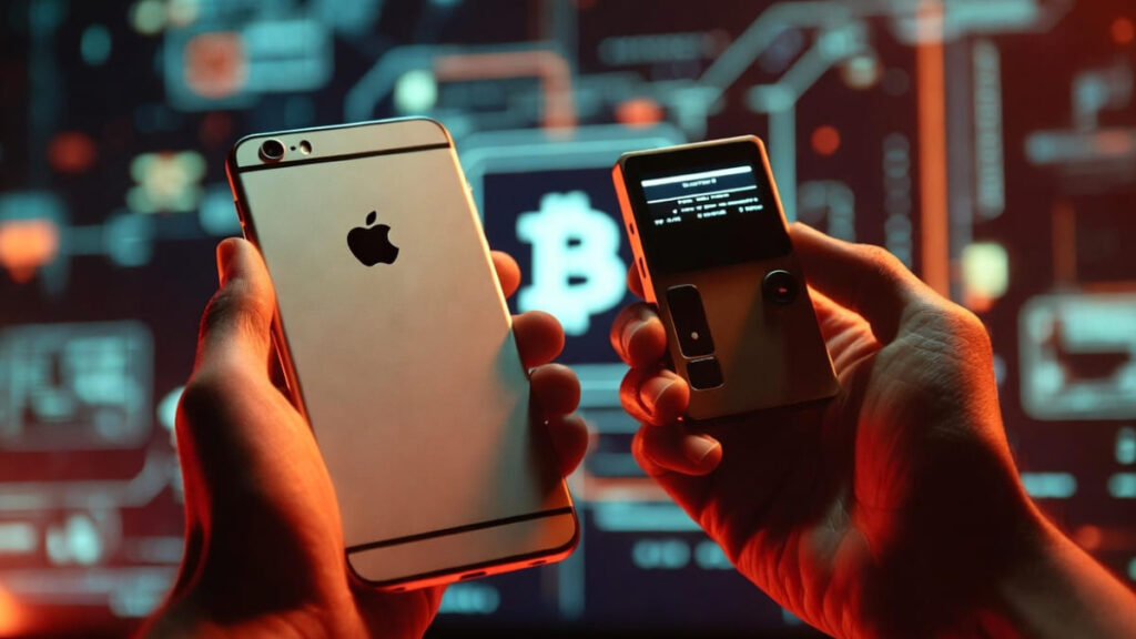 Una persona sosteniendo un telefono iphone y una hardware wallet para almacenar criptomonedas.