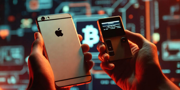 Una persona sosteniendo un telefono iphone y una hardware wallet para almacenar criptomonedas.