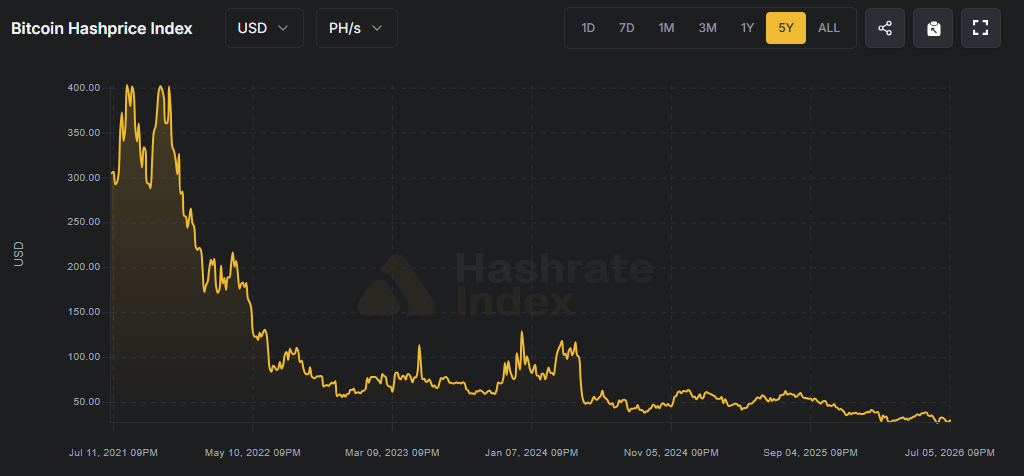 Gráfico que muestra le evolución de la métrica de minería de Bitcoin hashprice.