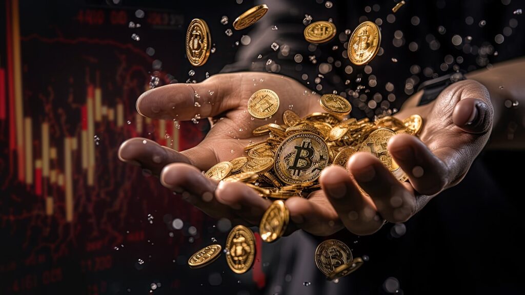 manos recolectando monedas de bitcoin cayendo con grafico de precio bajista en el fondo