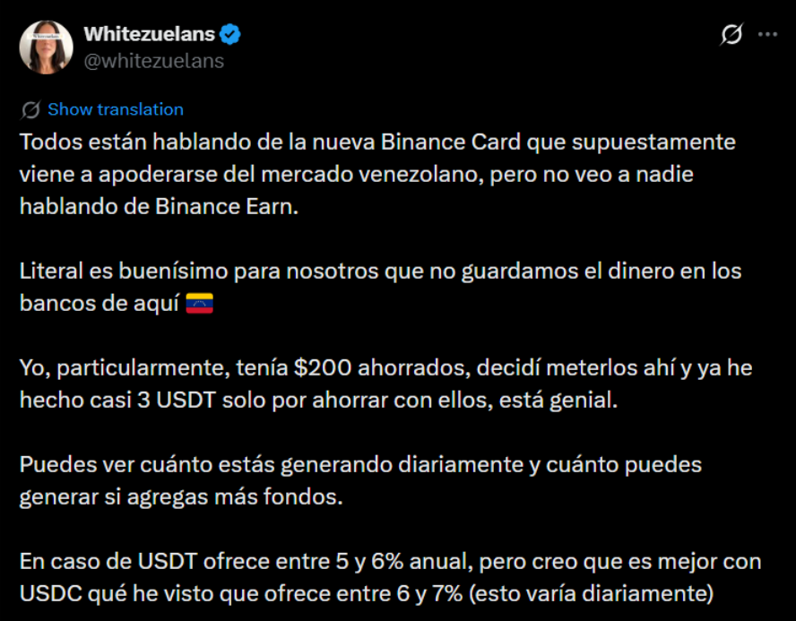 captura de un tuit en X donde recomiendan usar Binance Earn.