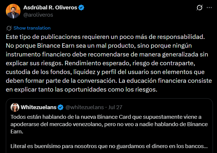 captura del tuit publicado por Asdrúbal Oliveros sobre Binance Earn.