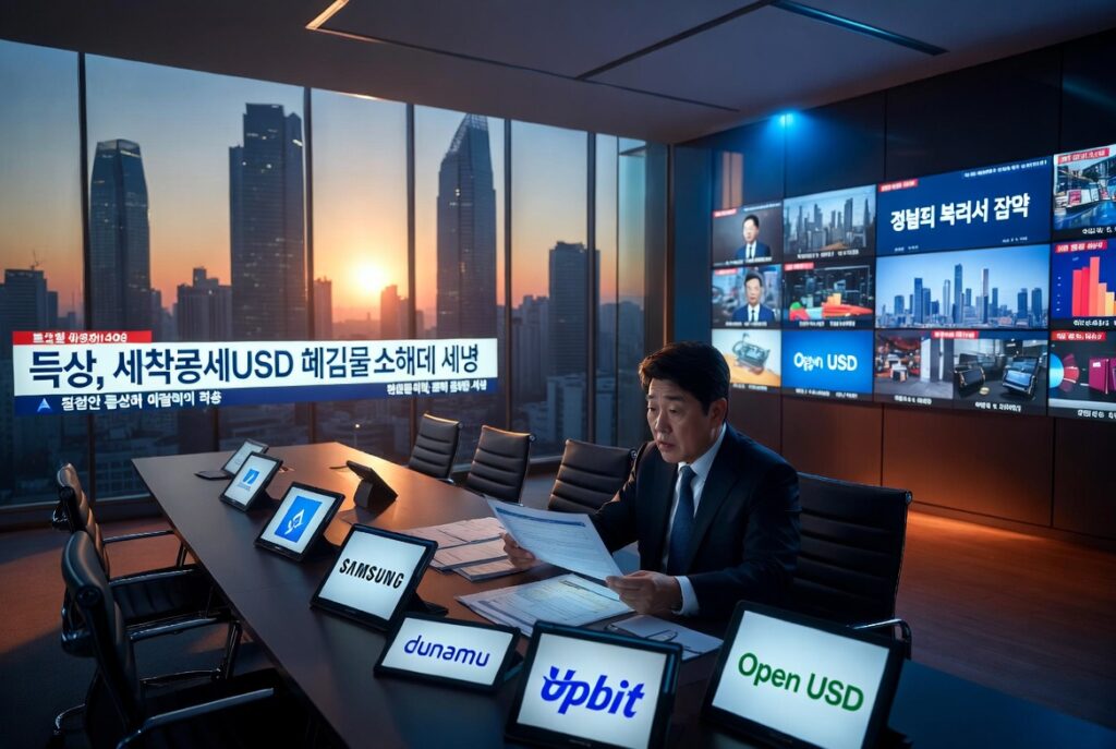 Fotografía realista horizontal de una moderna sala de juntas corporativa en Seúl al atardecer con skyline de rascacielos. Ejecutivo coreano en traje revisando documentos con expresión preocupada en una mesa de conferencias. Tablets y pantallas mostrando logos de Samsung, Dunamu/Upbit y Open USD.