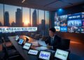 Fotografía realista horizontal de una moderna sala de juntas corporativa en Seúl al atardecer con skyline de rascacielos. Ejecutivo coreano en traje revisando documentos con expresión preocupada en una mesa de conferencias. Tablets y pantallas mostrando logos de Samsung, Dunamu/Upbit y Open USD.