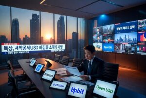 Fotografía realista horizontal de una moderna sala de juntas corporativa en Seúl al atardecer con skyline de rascacielos. Ejecutivo coreano en traje revisando documentos con expresión preocupada en una mesa de conferencias. Tablets y pantallas mostrando logos de Samsung, Dunamu/Upbit y Open USD.