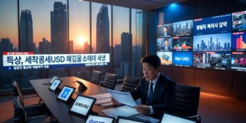 Fotografía realista horizontal de una moderna sala de juntas corporativa en Seúl al atardecer con skyline de rascacielos. Ejecutivo coreano en traje revisando documentos con expresión preocupada en una mesa de conferencias. Tablets y pantallas mostrando logos de Samsung, Dunamu/Upbit y Open USD.