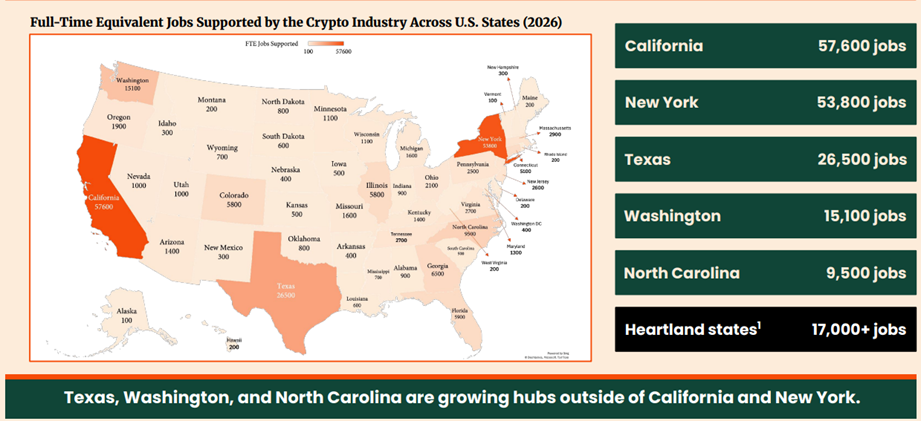 Mapa de Estados Unidos donde se aprecia la concentración de trabajos relacionados a criptomoendas.