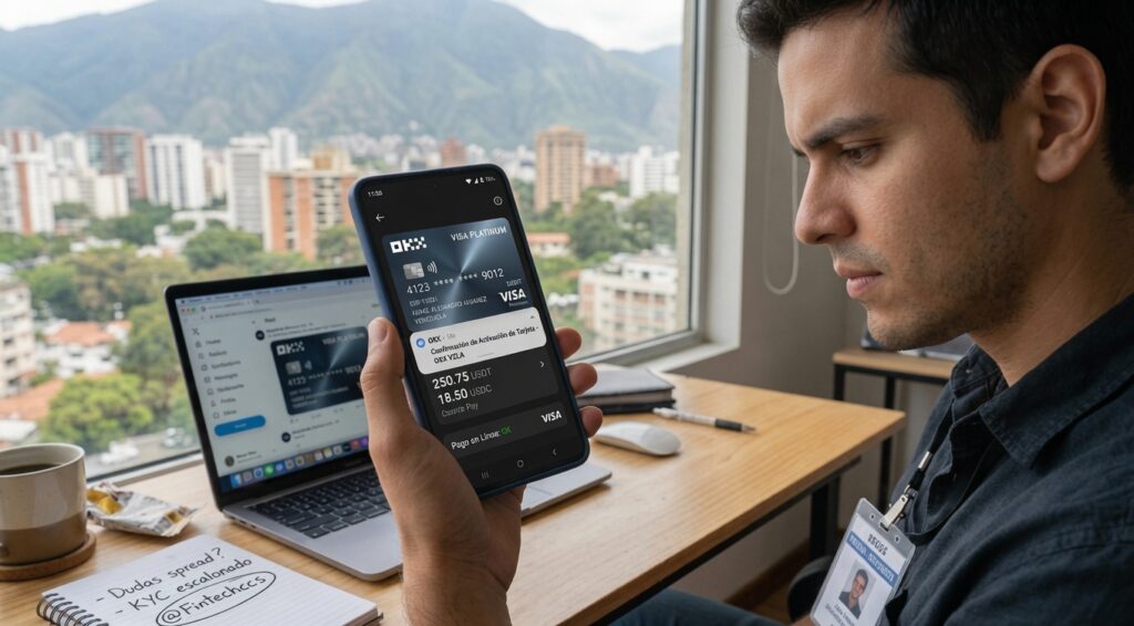 Hombre joven revisando en su smartphone la tarjeta virtual OKX Visa Platinum en Venezuela, sentado en un escritorio con laptop, fondo panorámico de Caracas con montañas, estilo realista y profesional.