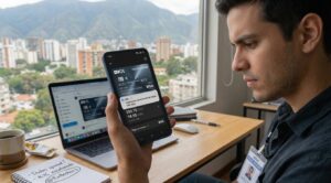 Hombre joven revisando en su smartphone la tarjeta virtual OKX Visa Platinum en Venezuela, sentado en un escritorio con laptop, fondo panorámico de Caracas con montañas, estilo realista y profesional.