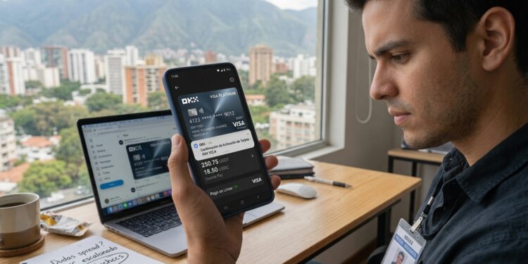 Hombre joven revisando en su smartphone la tarjeta virtual OKX Visa Platinum en Venezuela, sentado en un escritorio con laptop, fondo panorámico de Caracas con montañas, estilo realista y profesional.
