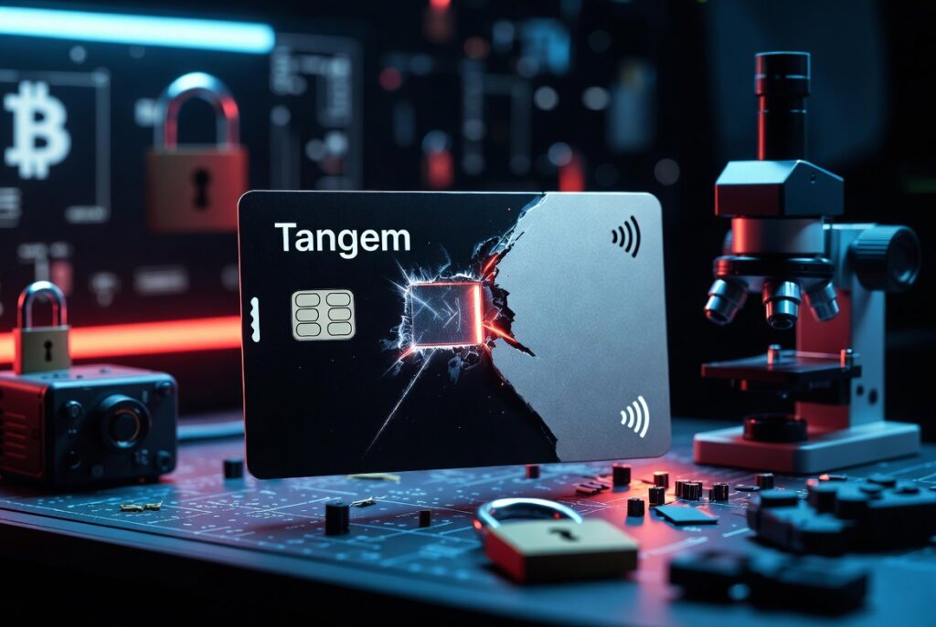 Imagen horizontal realista estilo fotografía profesional para portada de noticia crypto. Muestra una tarjeta Tangem Wallet negra y plateada tipo credit card en primer plano, ligeramente dañada con marcas visibles de manipulación láser en un área del chip expuesto.