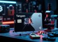 Imagen horizontal realista estilo fotografía profesional para portada de noticia crypto. Muestra una tarjeta Tangem Wallet negra y plateada tipo credit card en primer plano, ligeramente dañada con marcas visibles de manipulación láser en un área del chip expuesto.