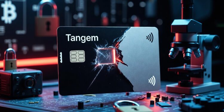 Imagen horizontal realista estilo fotografía profesional para portada de noticia crypto. Muestra una tarjeta Tangem Wallet negra y plateada tipo credit card en primer plano, ligeramente dañada con marcas visibles de manipulación láser en un área del chip expuesto.