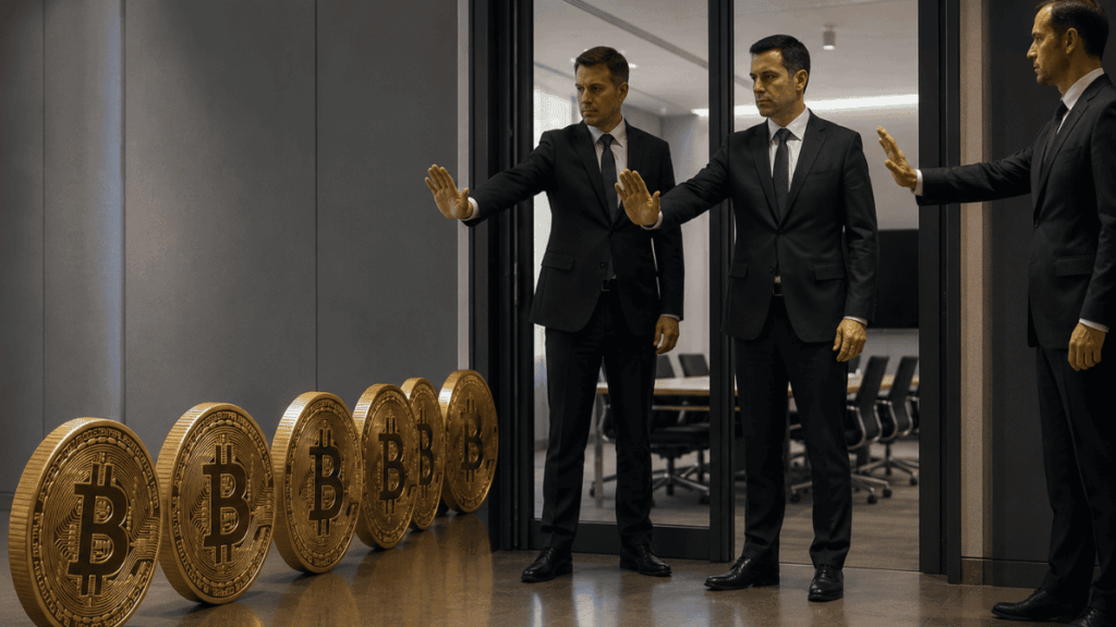 Personas de traje impidiendo el paso a monedas de bitcoin a una sala.