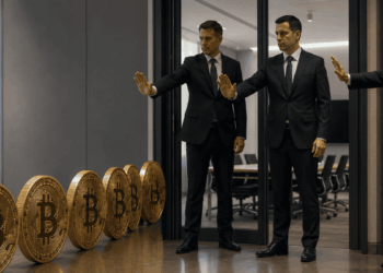 Personas de traje impidiendo el paso a monedas de bitcoin a una sala.