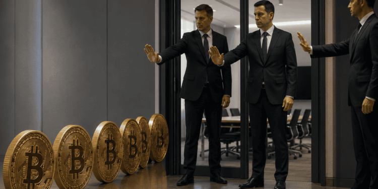 Personas de traje impidiendo el paso a monedas de bitcoin a una sala.