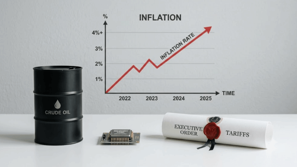 Primer plano: barril de petróleo, chip de memoria y orden ejecutiva. Fondo: gráfico de inflación subiendo.