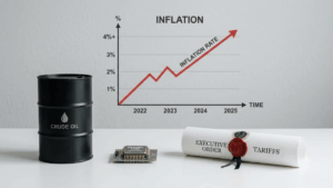 Primer plano: barril de petróleo, chip de memoria y orden ejecutiva. Fondo: gráfico de inflación subiendo.