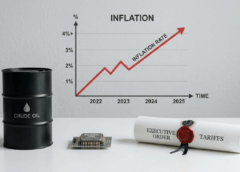 Primer plano: barril de petróleo, chip de memoria y orden ejecutiva. Fondo: gráfico de inflación subiendo.