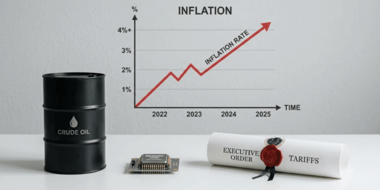 Primer plano: barril de petróleo, chip de memoria y orden ejecutiva. Fondo: gráfico de inflación subiendo.