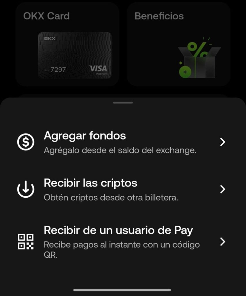 Interfax de OKX Pay para agregar fondos.