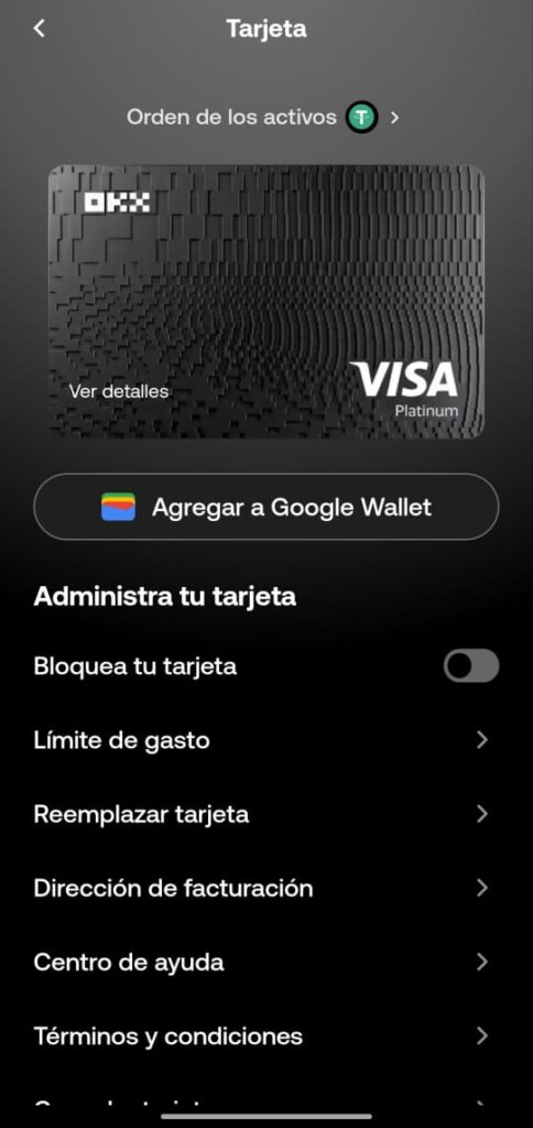 Interfaz de la tarjeta de OKX.