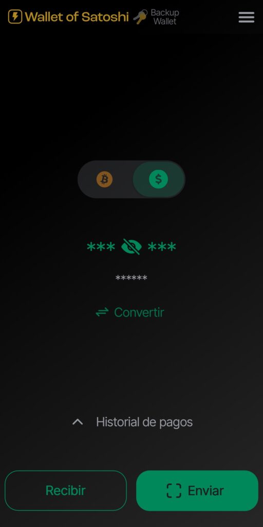 Interfaz de la app Wallet of Satoshi.