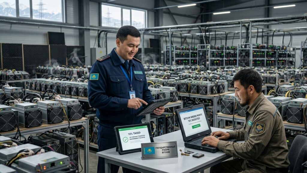 Oficial de Kazajistán y minero en un centro de datos procesando una transacción de impuestos de Bitcoin.