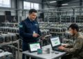 Oficial de Kazajistán y minero en un centro de datos procesando una transacción de impuestos de Bitcoin.
