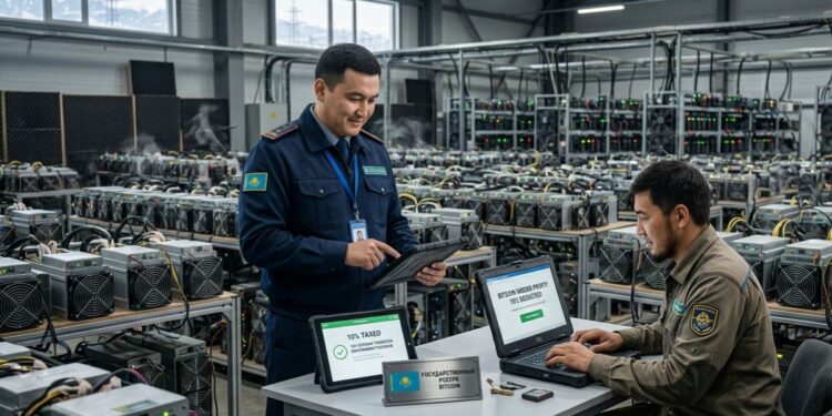 Oficial de Kazajistán y minero en un centro de datos procesando una transacción de impuestos de Bitcoin.
