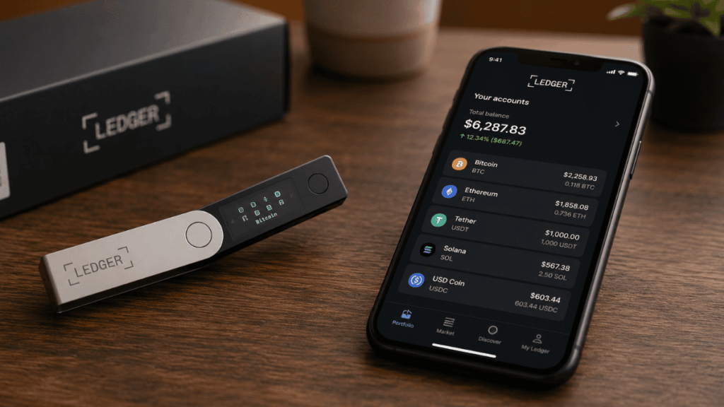 Dispositivo Ledger y teléfono con la app de Ledger abierta.