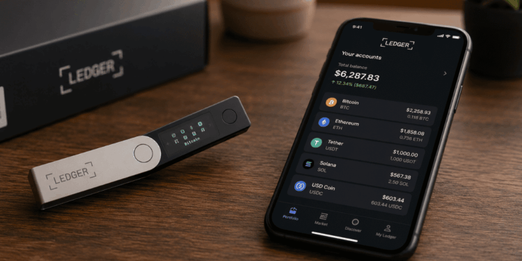 Dispositivo Ledger y teléfono con la app de Ledger abierta.