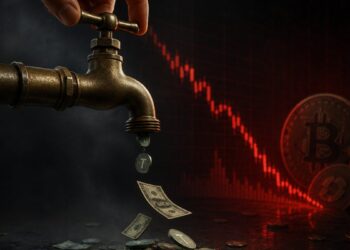 Una mano cierra un grifo de una canilla de la cual salen monedas y dólares.