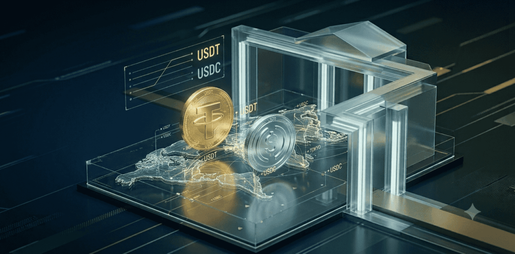 Fotografía editorial de estilo financiero con iluminación dramática. En el primer plano, una red digital de datos en azul y verde neón representa flujos de criptomonedas, la cual es capturada y contenida por una estructura geométrica, limpia e imponente de color cobre que simboliza la administración tributaria. El fondo es un entorno corporativo oscuro y sofisticado.