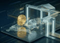 Fotografía editorial de estilo financiero con iluminación dramática. En el primer plano, una red digital de datos en azul y verde neón representa flujos de criptomonedas, la cual es capturada y contenida por una estructura geométrica, limpia e imponente de color cobre que simboliza la administración tributaria. El fondo es un entorno corporativo oscuro y sofisticado.